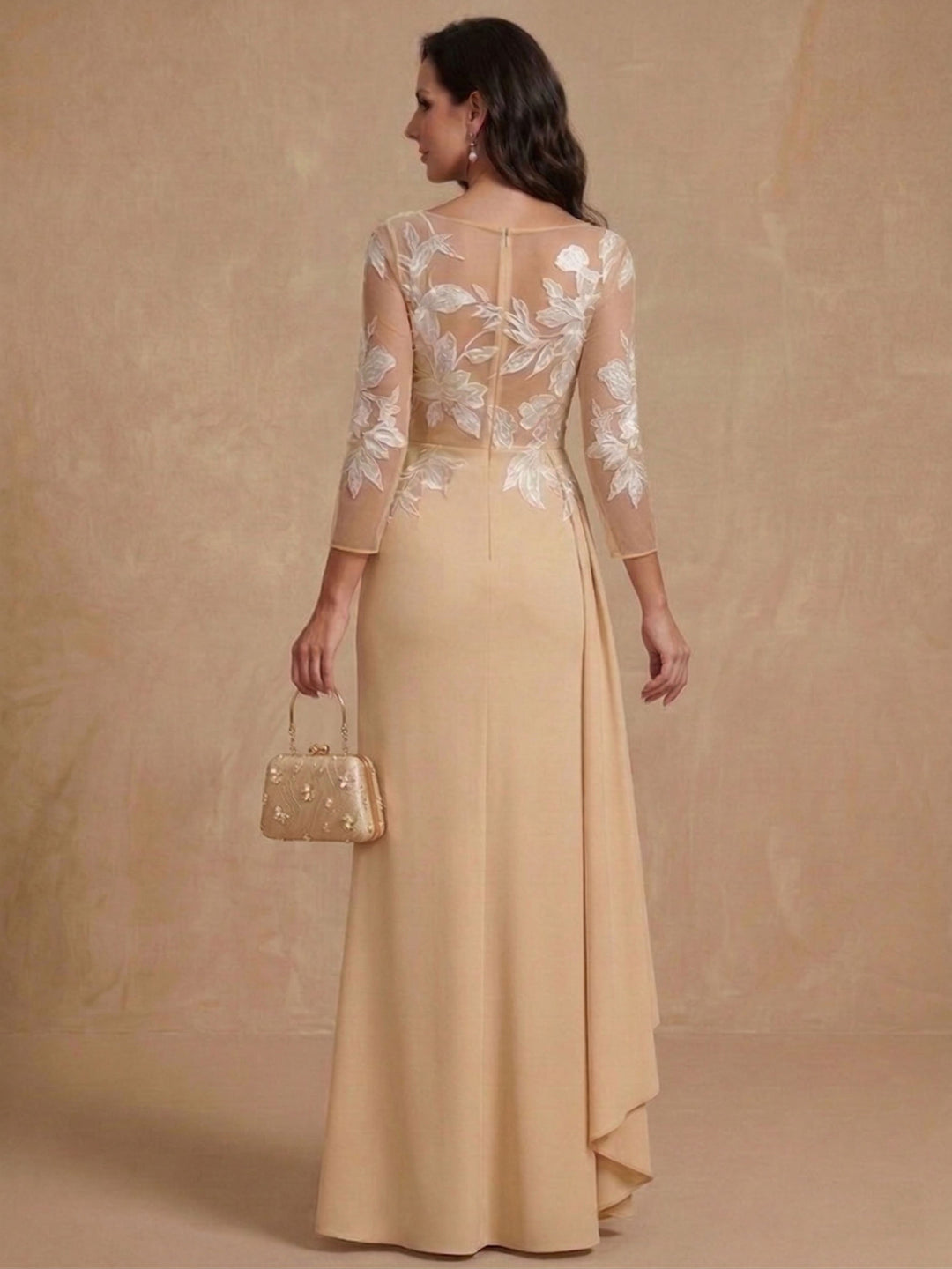 Sheath/Column Scoop Chiffon Mother of the Bride Dresses Ankle-Length 3/4 Sleeves Lace Flower with Overskirt