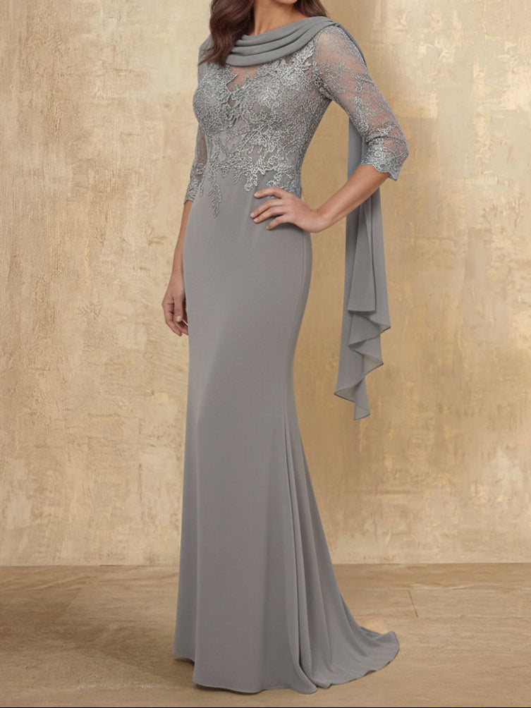 Trumpet/Mermaid Cowl Neck Elastic Chiffon Mother of the Bride Dresses Floor-Length Lace Half Sleeves