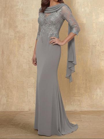 Trumpet/Mermaid Cowl Neck Elastic Chiffon Mother of the Bride Dresses Floor-Length Lace Half Sleeves