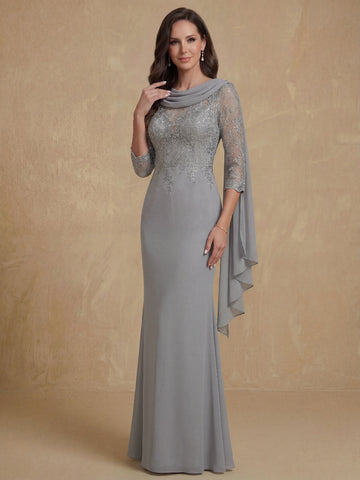 Trumpet/Mermaid Cowl Neck Elastic Chiffon Mother of the Bride Dresses Floor-Length Lace Half Sleeves