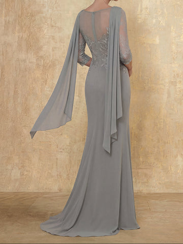 Trumpet/Mermaid Cowl Neck Elastic Chiffon Mother of the Bride Dresses Floor-Length Lace Half Sleeves