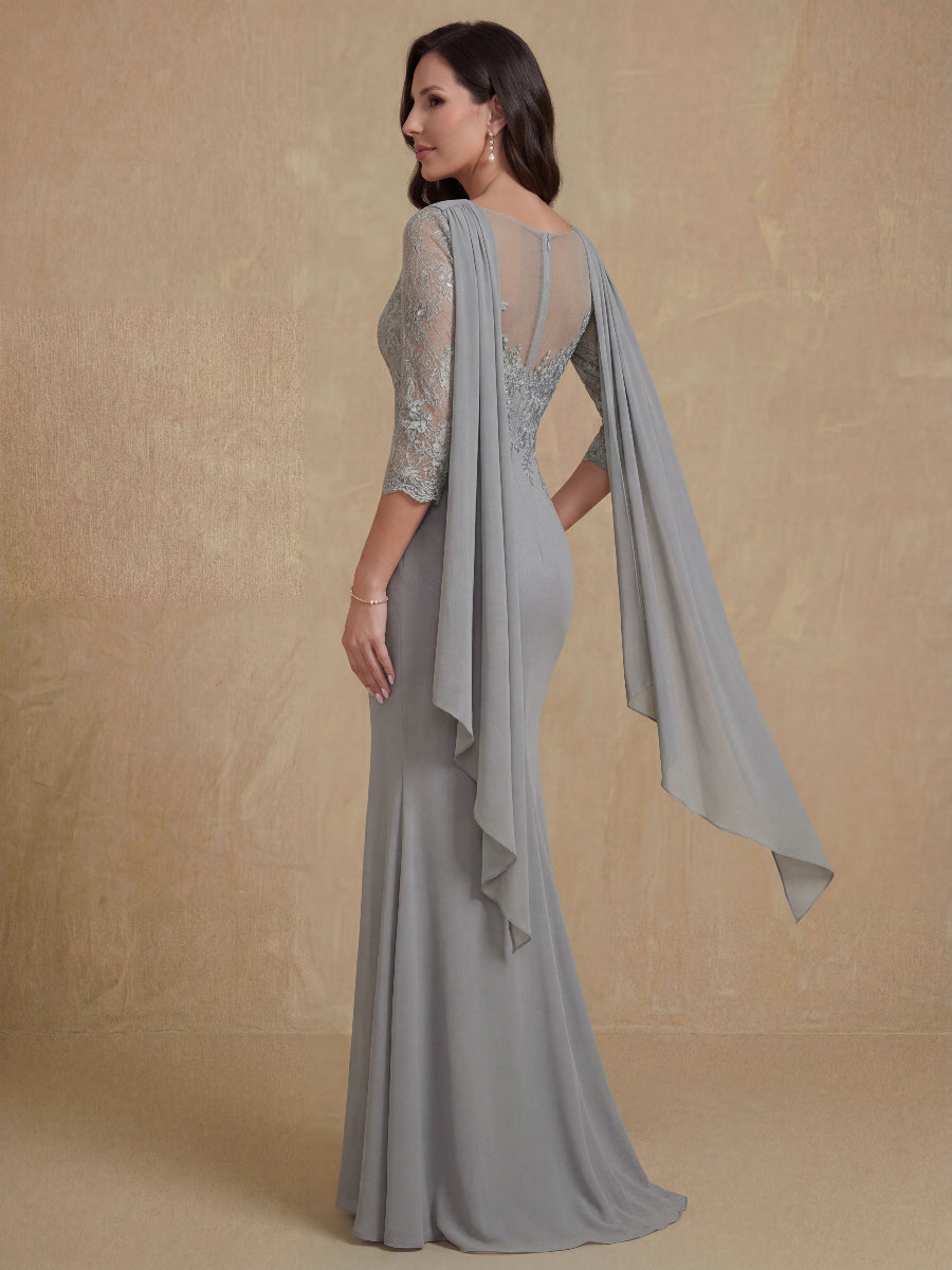 Trumpet/Mermaid Cowl Neck Elastic Chiffon Mother of the Bride Dresses Floor-Length Lace Half Sleeves