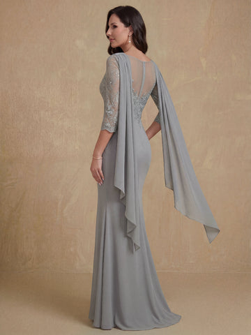 Trumpet/Mermaid Cowl Neck Elastic Chiffon Mother of the Bride Dresses Floor-Length Lace Half Sleeves