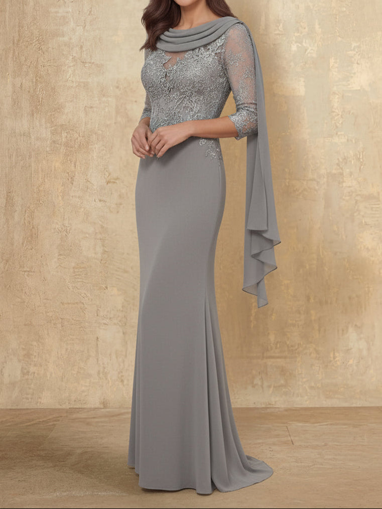 Trumpet/Mermaid Cowl Neck Elastic Chiffon Mother of the Bride Dresses Floor-Length Lace Half Sleeves