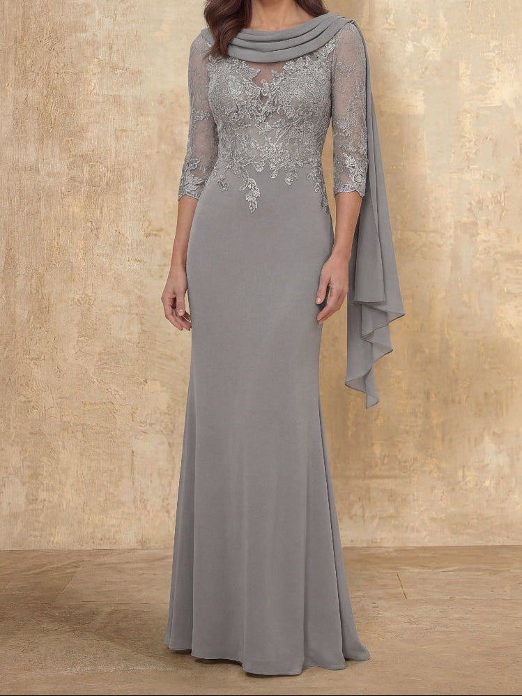 Trumpet/Mermaid Cowl Neck Elastic Chiffon Mother of the Bride Dresses Floor-Length Lace Half Sleeves