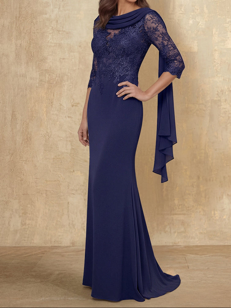 Trumpet/Mermaid Cowl Neck Elastic Chiffon Mother of the Bride Dresses Floor-Length Lace Half Sleeves