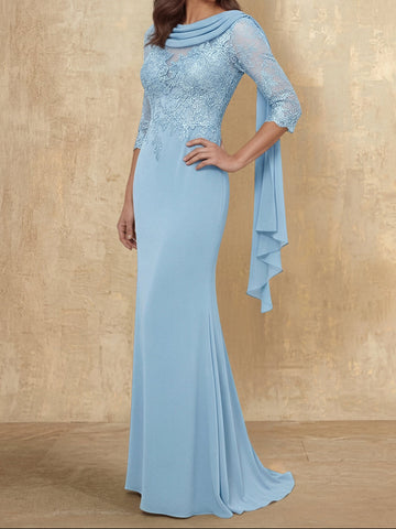Trumpet/Mermaid Cowl Neck Elastic Chiffon Mother of the Bride Dresses Floor-Length Lace Half Sleeves