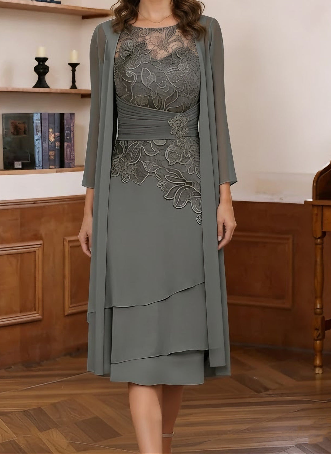 Sheath/Column Scoop Chiffon Mother of the Bride Dresses Tea-Length with Jacket Long Sleeves Lace Ruched