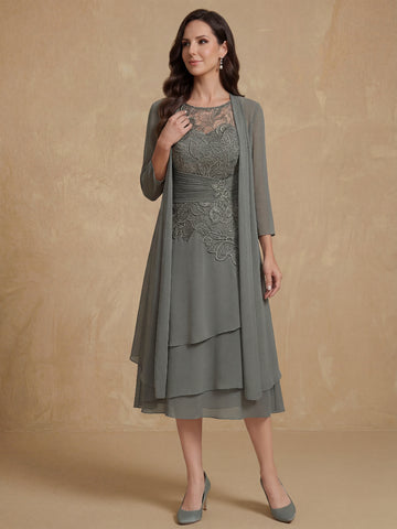 Sheath/Column Scoop Chiffon Mother of the Bride Dresses Tea-Length with Jacket Long Sleeves Lace Ruched