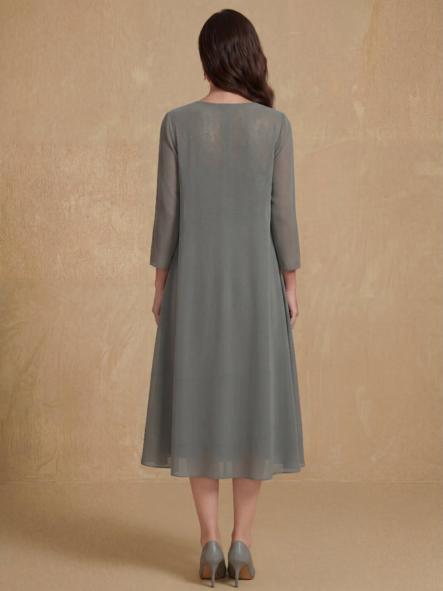 Sheath/Column Scoop Chiffon Mother of the Bride Dresses Tea-Length with Jacket Long Sleeves Lace Ruched