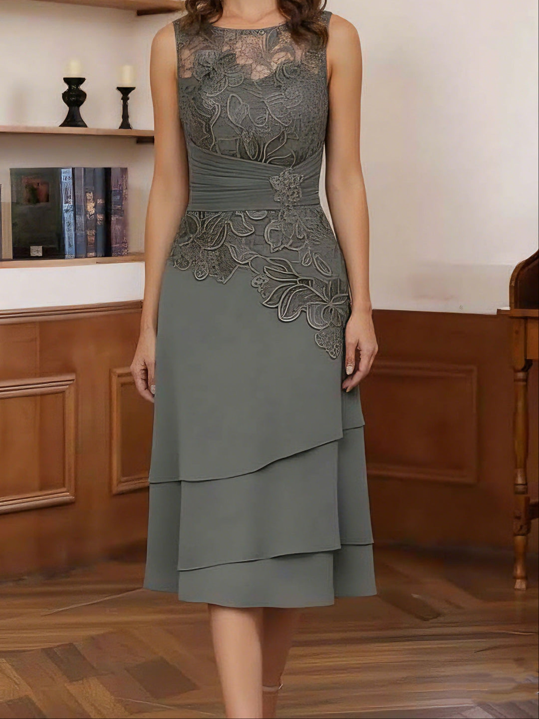 Sheath/Column Scoop Chiffon Mother of the Bride Dresses Tea-Length with Jacket Long Sleeves Lace Ruched