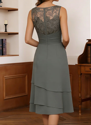 Sheath/Column Scoop Chiffon Mother of the Bride Dresses Tea-Length with Jacket Long Sleeves Lace Ruched