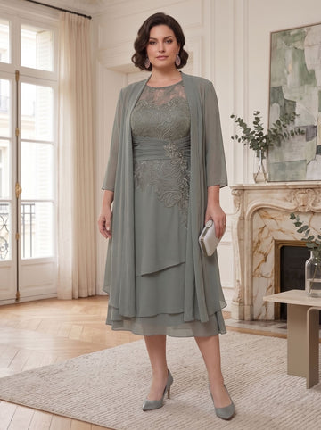 Sheath/Column Scoop Chiffon Mother of the Bride Dresses Tea-Length with Jacket Long Sleeves Lace Ruched (Copy)