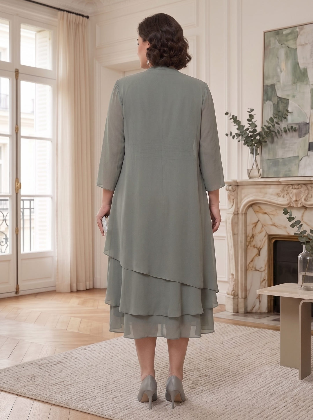 Sheath/Column Scoop Chiffon Mother of the Bride Dresses Tea-Length with Jacket Long Sleeves Lace Ruched (Copy)