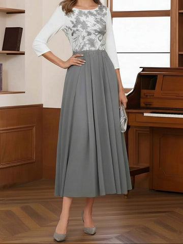 A-Line/Princess Scoop Chiffon Mother of the Bride Dresses Tea-Length 3/4 Sleeves Lace Floral