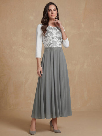 A-Line/Princess Scoop Chiffon Mother of the Bride Dresses Tea-Length 3/4 Sleeves Lace Floral