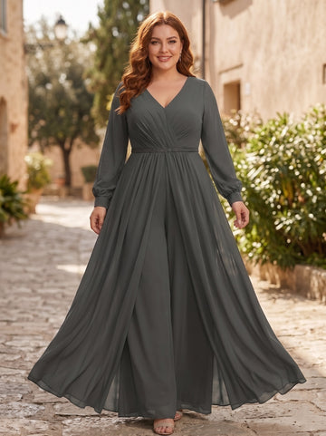 A-Line/Princess V-Neck Chiffon Plus Size Mother of the Bride Jumpsuit with Overskirt Ankle-Length Long Sleeves Ruched Belt