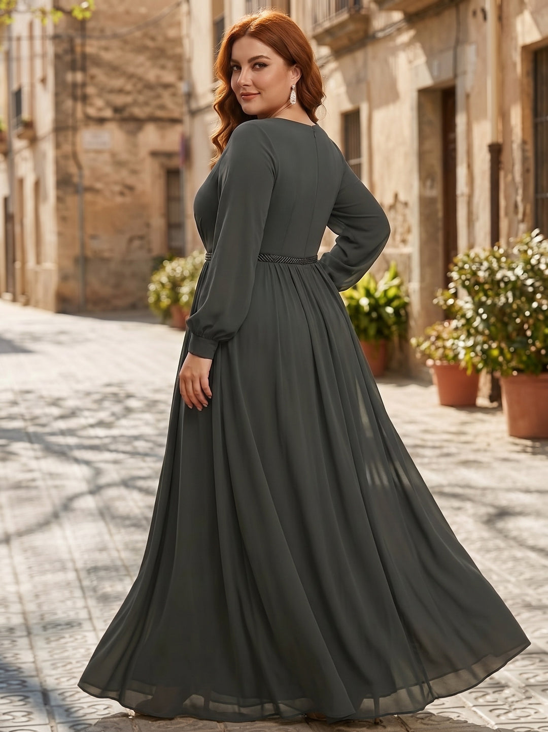 A-Line/Princess V-Neck Chiffon Plus Size Mother of the Bride Jumpsuit with Overskirt Ankle-Length Long Sleeves Ruched Belt