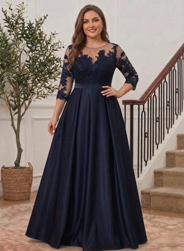 A-Line/Princess Scoop Satin Plus Size Mother of the Bride Dresses 3/4 Sleeves Lace Floor-Length Floral