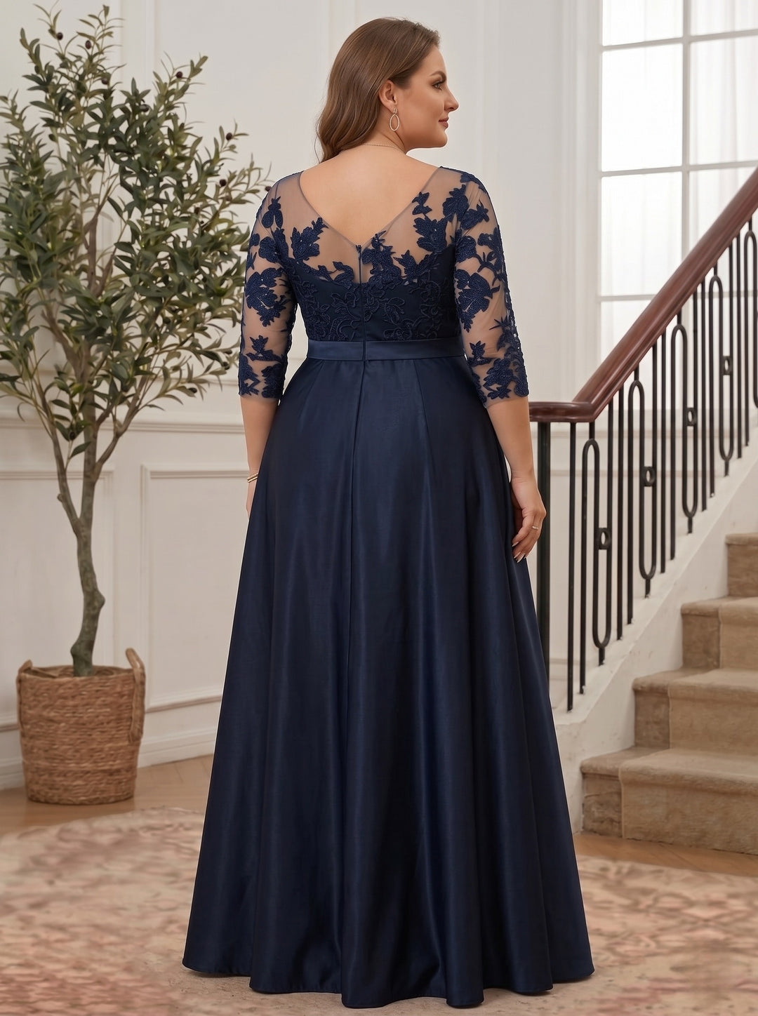 A-Line/Princess Scoop Satin Plus Size Mother of the Bride Dresses 3/4 Sleeves Lace Floor-Length Floral