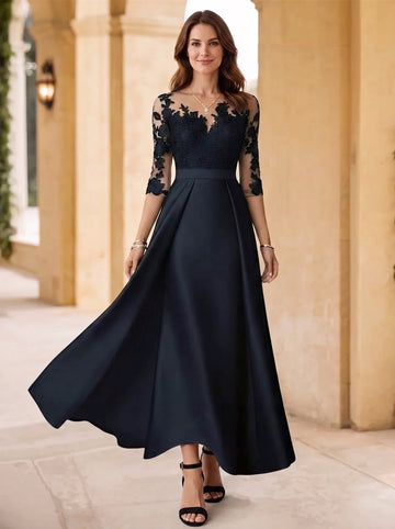 A-Line/Princess Scoop Satin Mother of the Bride Dresses 3/4 Sleeves Lace Floor-Length Floral