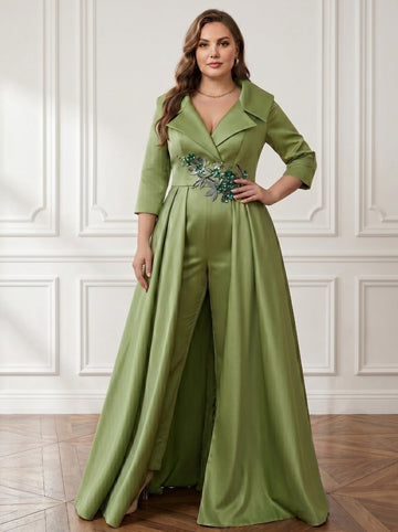 A-Line/Princess Shirt Collar Satin Plus Size Mother of the Bride Jumpsuit Overskirt Floral Sequins Pocket Half Sleeves Floor-Length