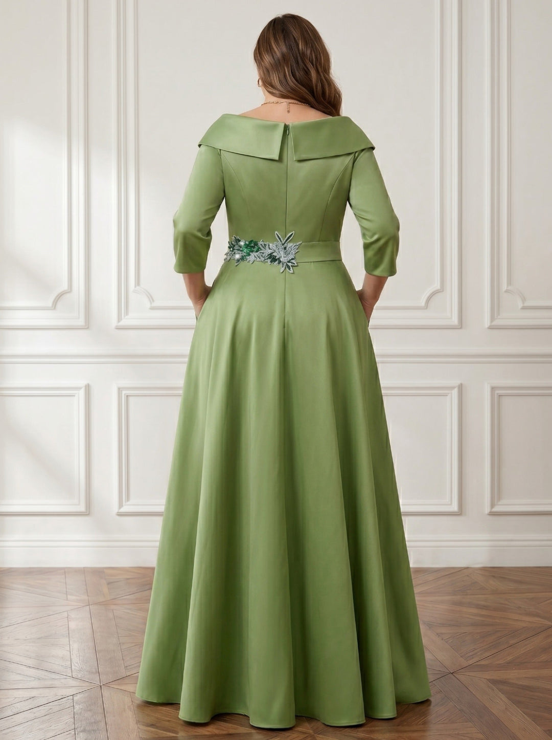 A-Line/Princess Shirt Collar Satin Plus Size Mother of the Bride Jumpsuit Overskirt Floral Sequins Pocket Half Sleeves Floor-Length