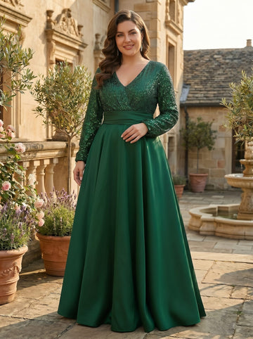 A-Line/Princess V-Neck Satin Plus Size Mother of the Bride Dresses Sequins Pocket Long Sleeves Floor-Length