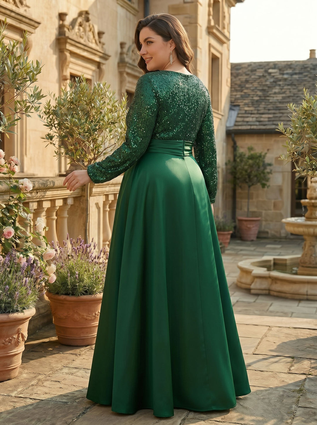 A-Line/Princess V-Neck Satin Plus Size Mother of the Bride Dresses Sequins Pocket Long Sleeves Floor-Length