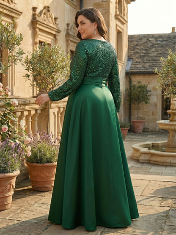 A-Line/Princess V-Neck Satin Plus Size Mother of the Bride Dresses Sequins Pocket Long Sleeves Floor-Length