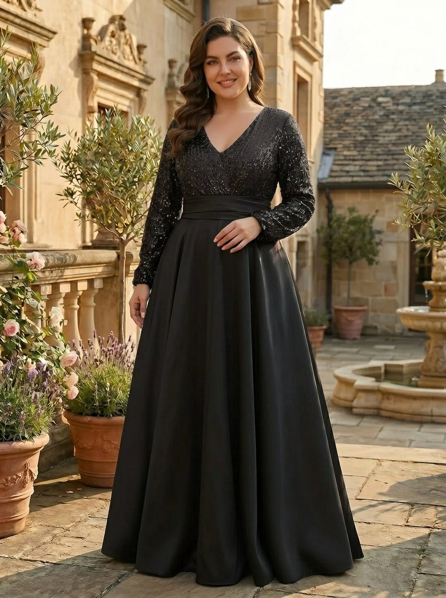 A-Line/Princess V-Neck Satin Plus Size Mother of the Bride Dresses Sequins Pocket Long Sleeves Floor-Length