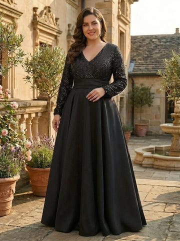 A-Line/Princess V-Neck Satin Plus Size Mother of the Bride Dresses Sequins Pocket Long Sleeves Floor-Length