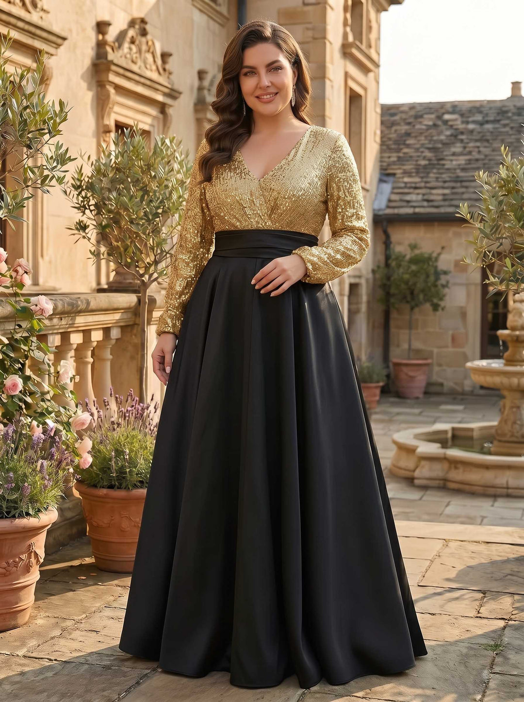 A-Line/Princess V-Neck Satin Plus Size Mother of the Bride Dresses Sequins Pocket Long Sleeves Floor-Length