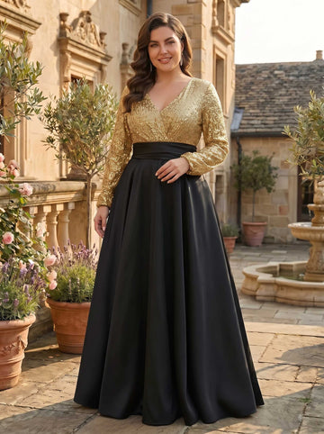 A-Line/Princess V-Neck Satin Plus Size Mother of the Bride Dresses Sequins Pocket Long Sleeves Floor-Length