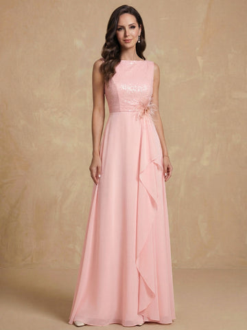 A-Line/Princess Cowl Neck Chiffon Mother of the Bride Dresses Sequins Floor-Length Sleeveless Ruffles