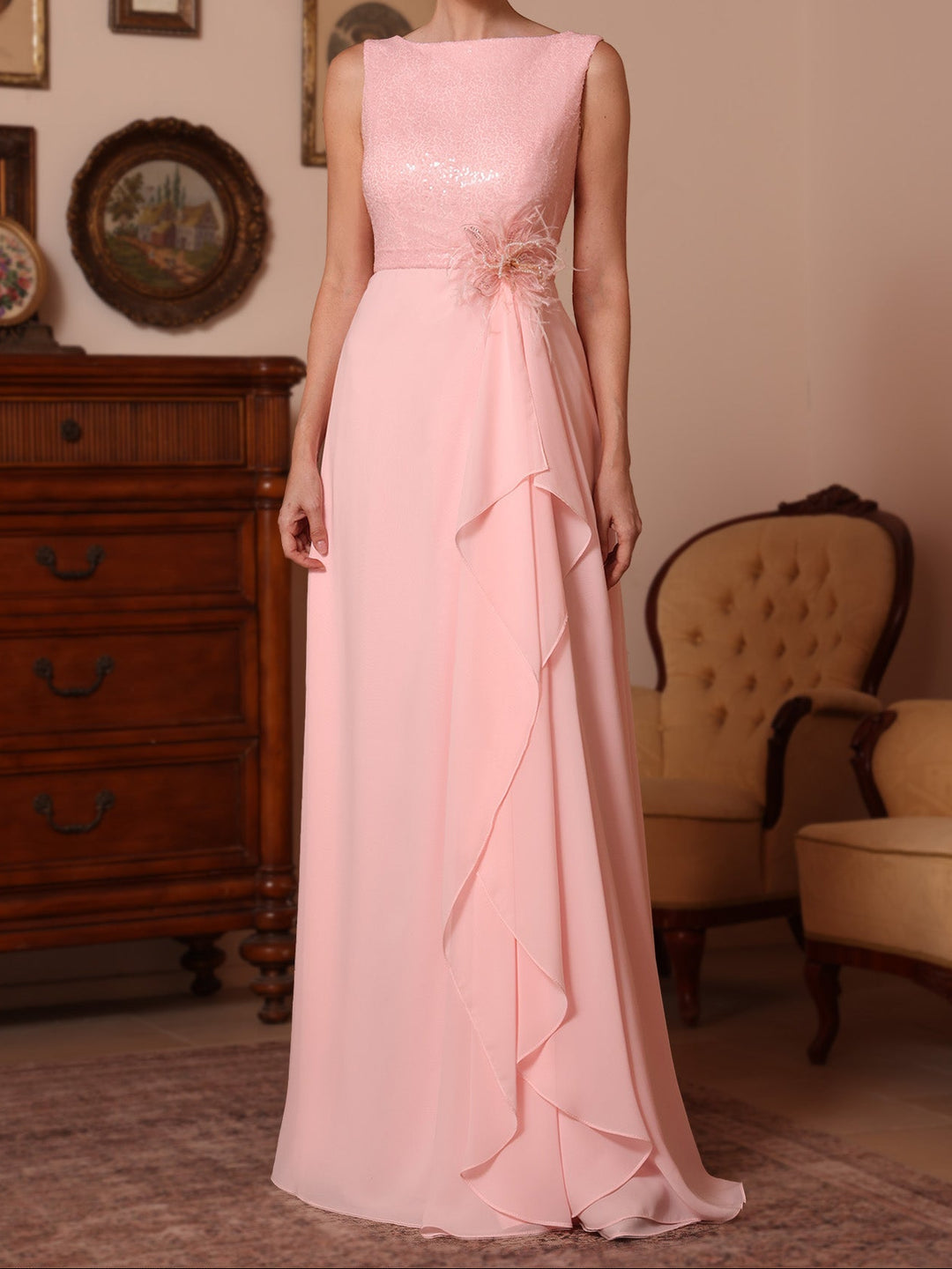 A-Line/Princess Cowl Neck Chiffon Mother of the Bride Dresses Sequins Floor-Length Sleeveless Ruffles