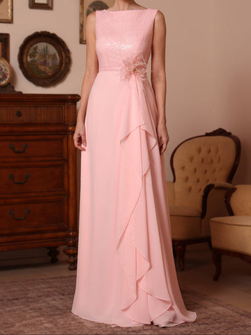 A-Line/Princess Cowl Neck Chiffon Mother of the Bride Dresses Sequins Floor-Length Sleeveless Ruffles