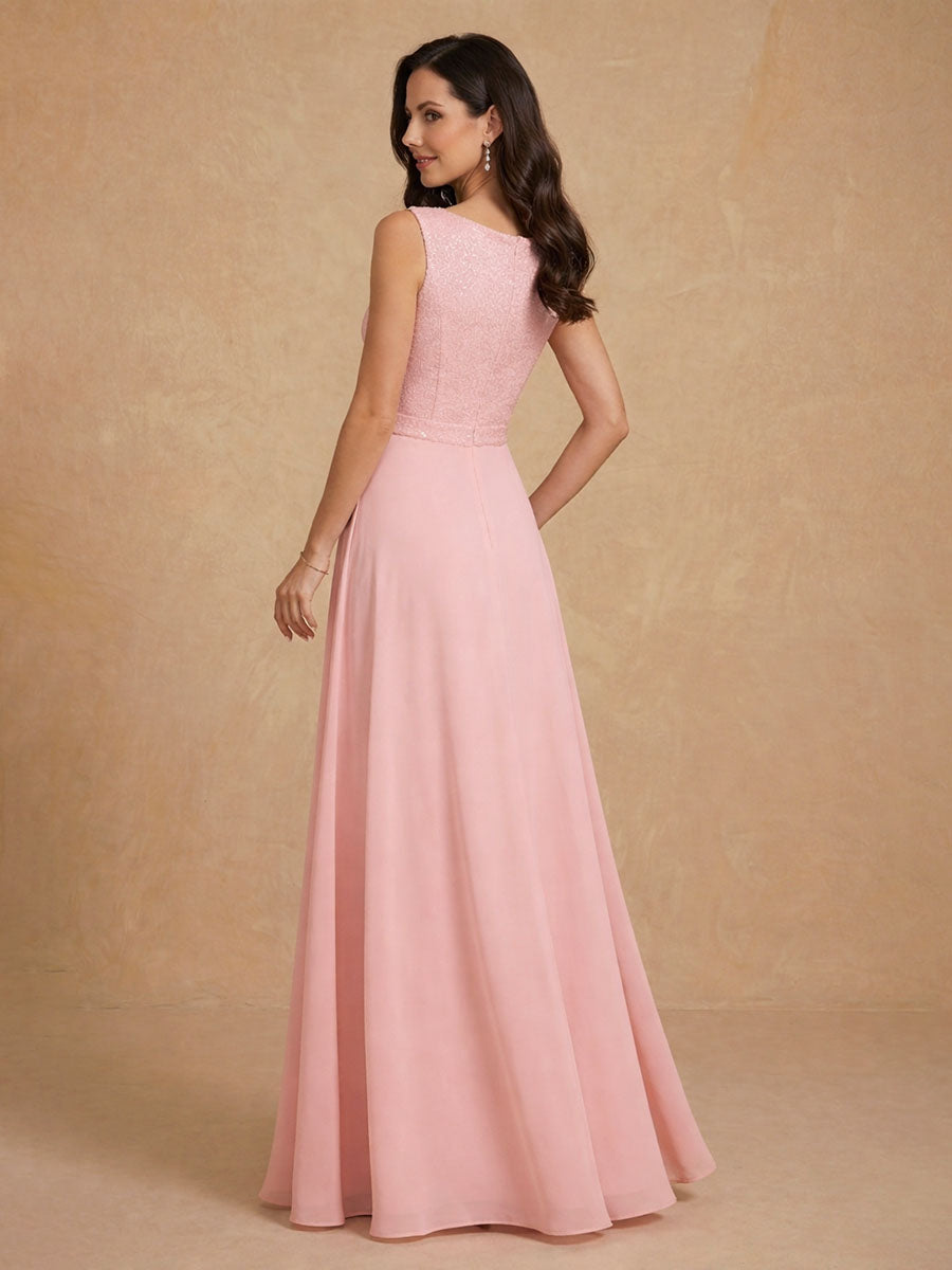 A-Line/Princess Cowl Neck Chiffon Mother of the Bride Dresses Sequins Floor-Length Sleeveless Ruffles