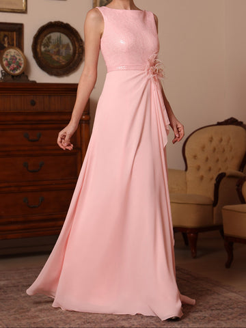 A-Line/Princess Cowl Neck Chiffon Mother of the Bride Dresses Sequins Floor-Length Sleeveless Ruffles