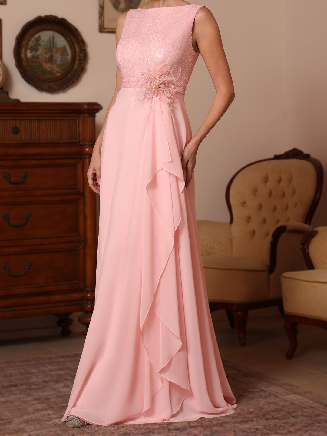 A-Line/Princess Cowl Neck Chiffon Mother of the Bride Dresses Sequins Floor-Length Sleeveless Ruffles