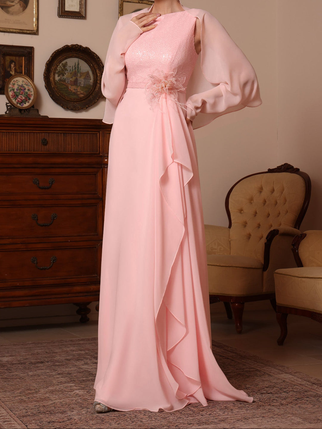 A-Line/Princess Cowl Neck Chiffon Mother of the Bride Dresses Sequins Floor-Length Sleeveless Ruffles