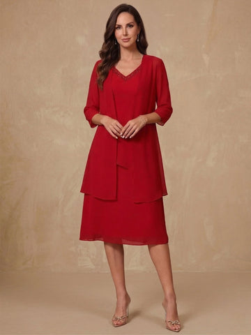 2 Pieces Sheath/Column V-Neck Chiffon Mother of the Bride Dresses with Jacket Beading Knee-Length Half Sleeves