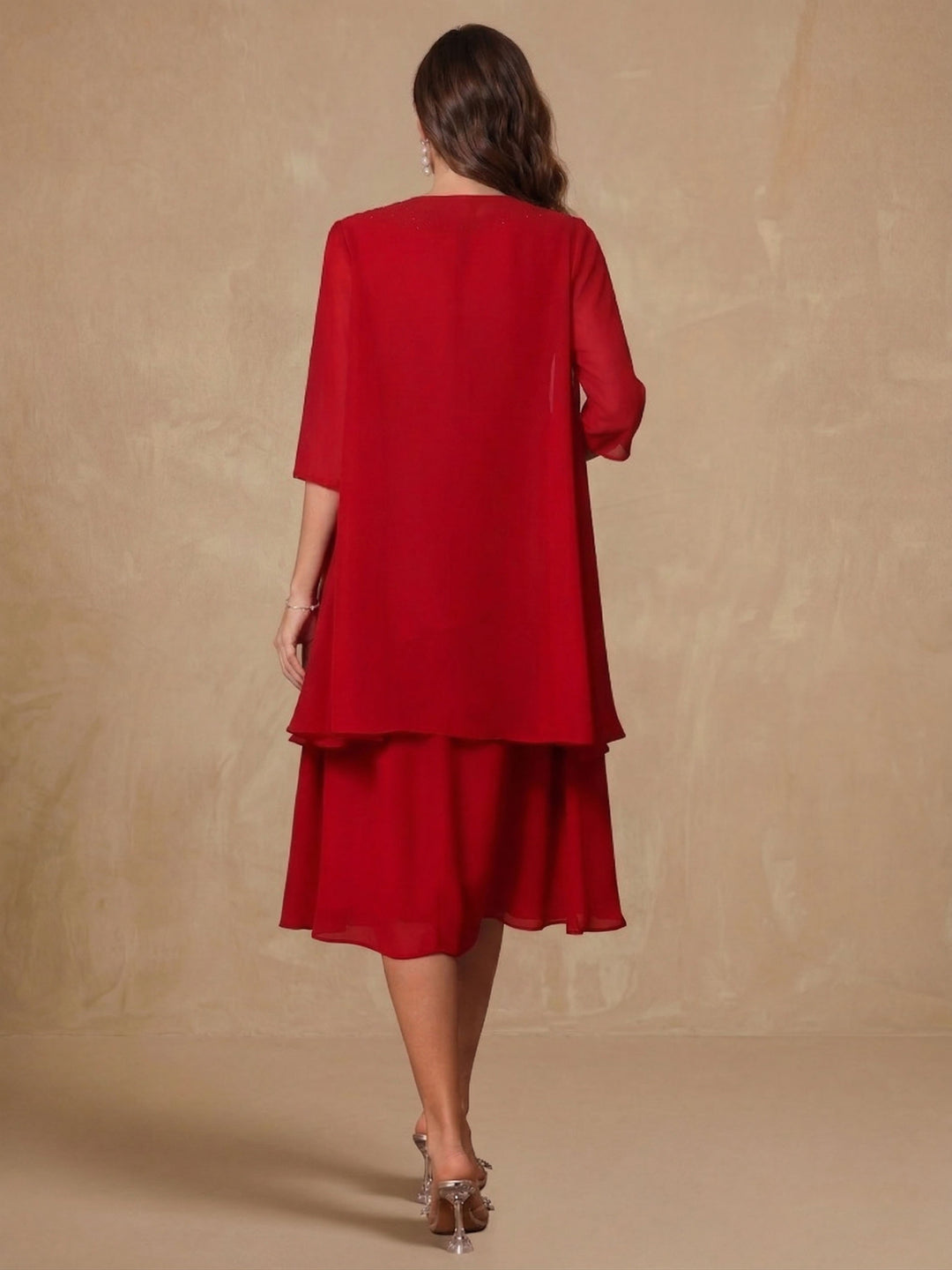 2 Pieces Sheath/Column V-Neck Chiffon Mother of the Bride Dresses with Jacket Beading Knee-Length Half Sleeves
