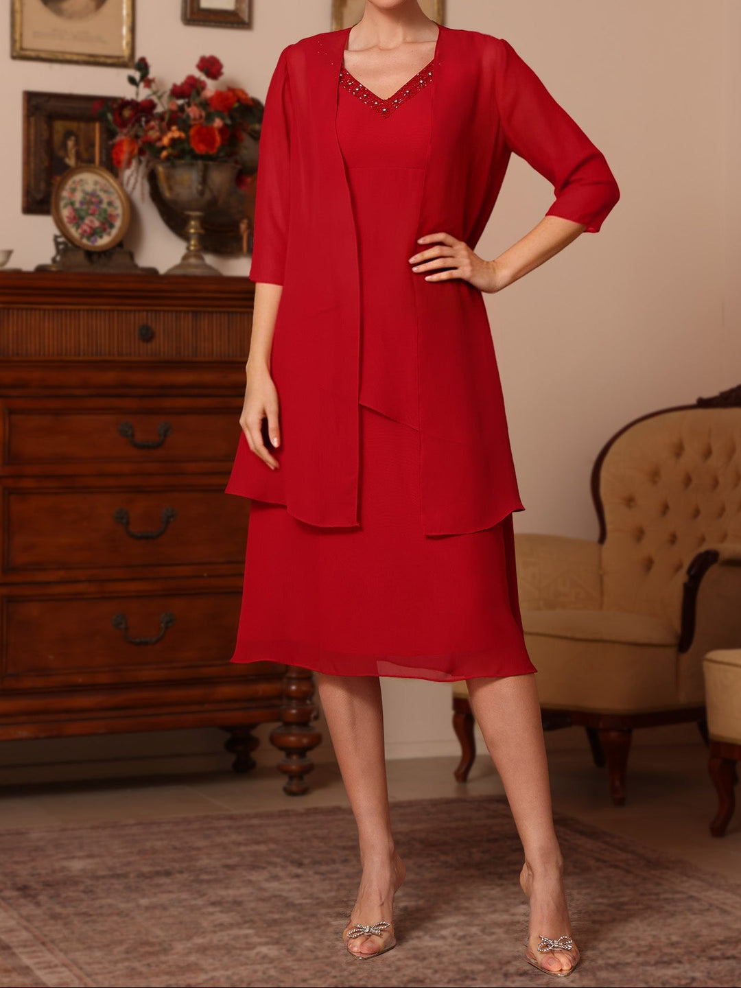 2 Pieces Sheath/Column V-Neck Chiffon Mother of the Bride Dresses with Jacket Beading Knee-Length Half Sleeves