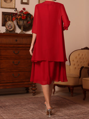 2 Pieces Sheath/Column V-Neck Chiffon Mother of the Bride Dresses with Jacket Beading Knee-Length Half Sleeves