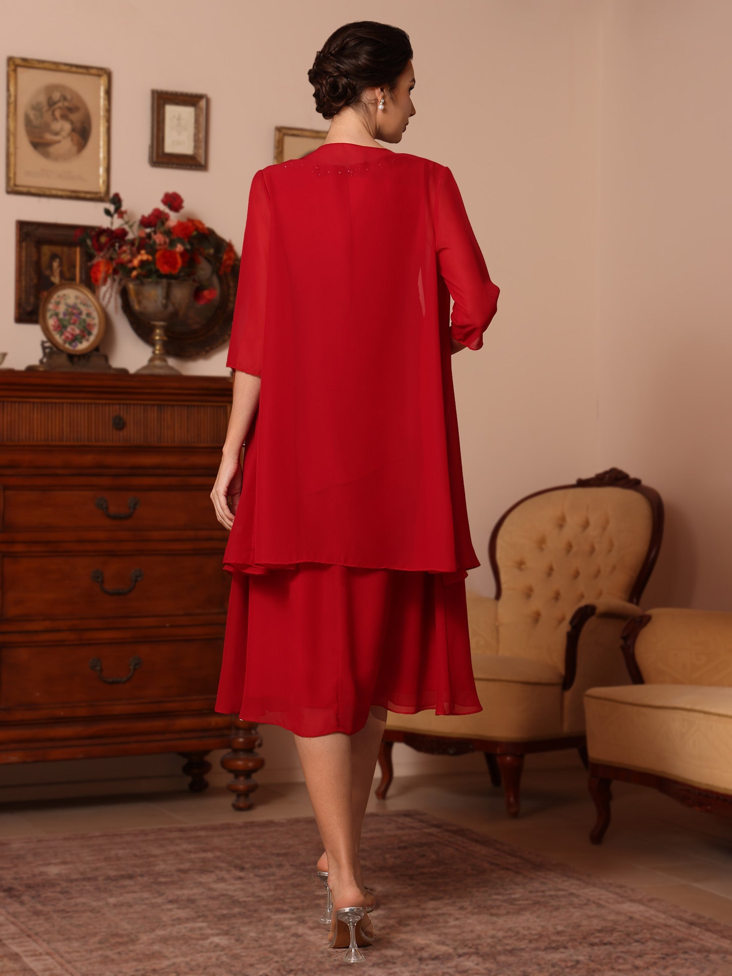 2 Pieces Sheath/Column V-Neck Chiffon Mother of the Bride Dresses with Jacket Beading Knee-Length Half Sleeves