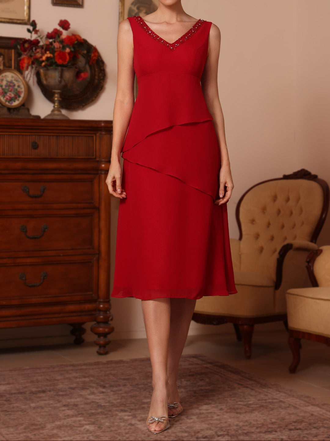2 Pieces Sheath/Column V-Neck Chiffon Mother of the Bride Dresses with Jacket Beading Knee-Length Half Sleeves