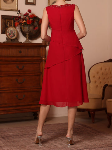 2 Pieces Sheath/Column V-Neck Chiffon Mother of the Bride Dresses with Jacket Beading Knee-Length Half Sleeves