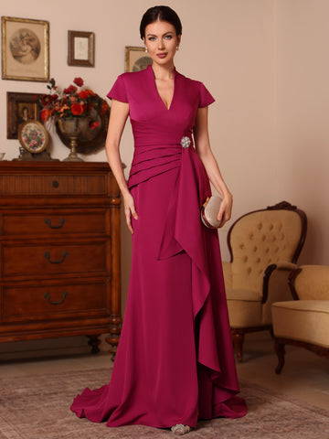 Trumpet/Mermaid V-Neck Stretch Satin Exclusive Mother of the Bride Dresses Floor-Length Sweep Train Cap Sleeves Ruffles
