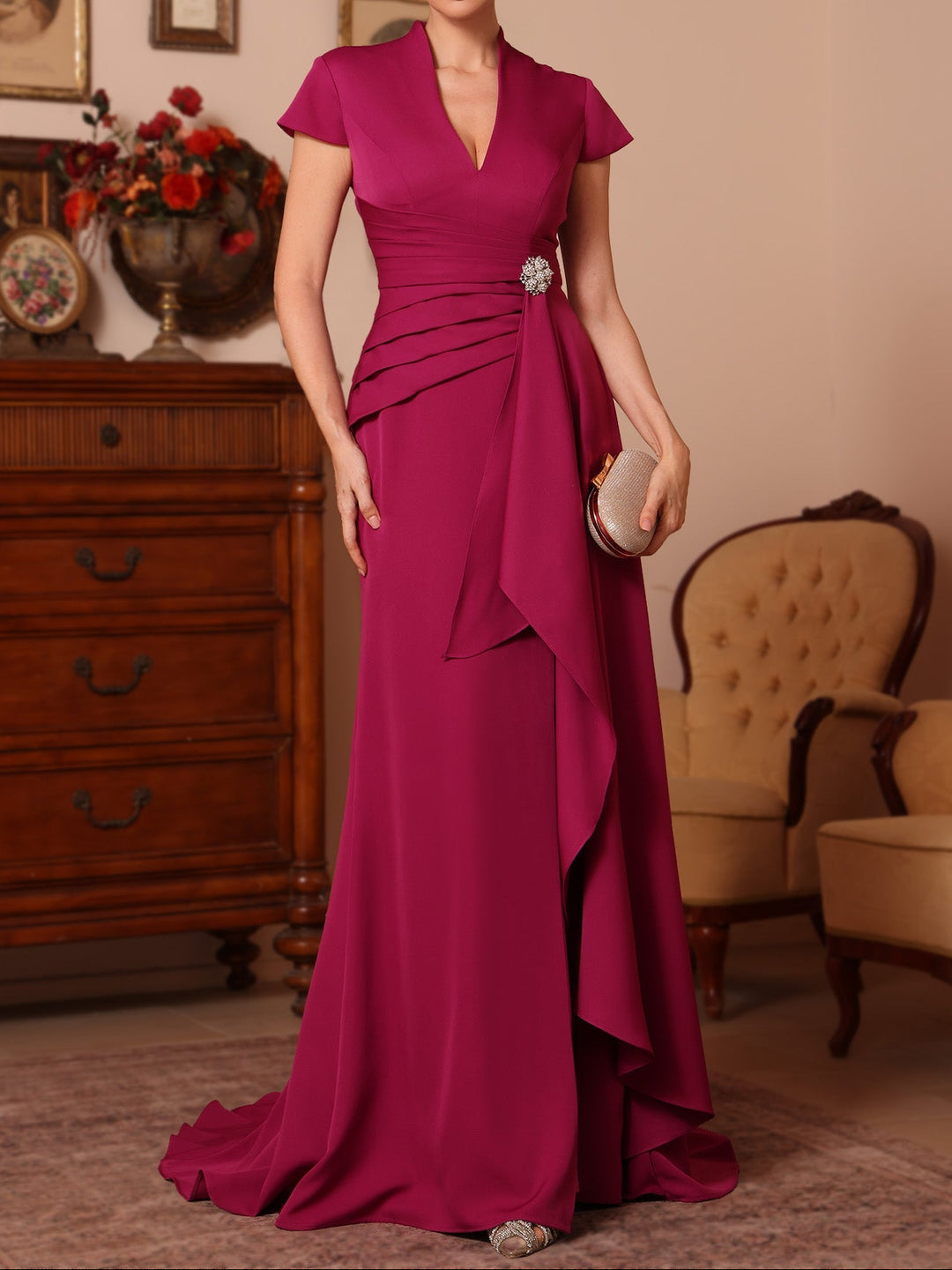 Trumpet/Mermaid V-Neck Stretch Satin Mother of the Bride Dresses Floor-Length Sweep Train Cap Sleeves Ruffles